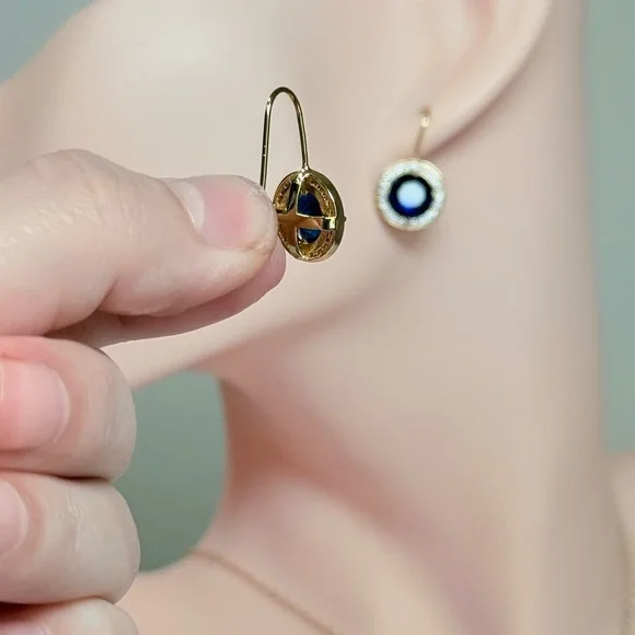 ⚜️ Elegant Gold Earrings With Blue and Clear Zirconia 💎 - Picture 9 of 11